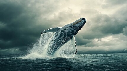 Fototapeta premium A humpback whale leaps out of the water, its powerful body silhouetted against a stormy sky.