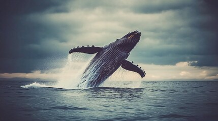 Obraz premium A humpback whale breaches the surface of the ocean, its massive body silhouetted against a dramatic sky.