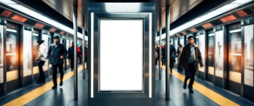 Crowded subway station showcasing commuters in motion, highlighting urban transportation and advertising potential with empty display frame