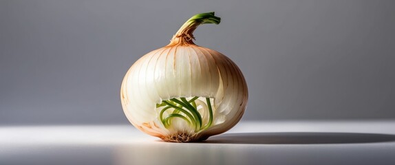 Freshly sliced onion with green sprouts, showcasing detail and simplicity  Ideal for culinary presentations, healthy recipes, and organic food themes