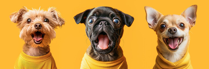Funny cute puppy surprised in yellow hoodie wonder, shocked, creative minimal concept on yellow background. Wow! Hipster puppy dog amazed screaming in fashionable outfit for sale, shopping, advert