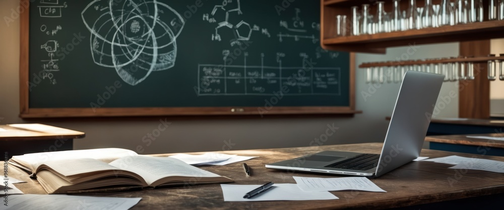 Wall mural Laboratory workspace featuring a laptop, chalkboard with scientific formulas, and study materials, ideal for educational and research purposes