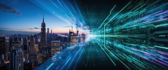Futuristic city skyline blending urban landscape with digital elements, symbolizing innovation and connectivity in a vibrant, high tech metropolis