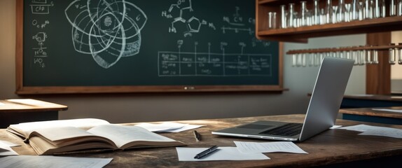 Laboratory workspace featuring a laptop, chalkboard with scientific formulas, and study materials, ideal for educational and research purposes
