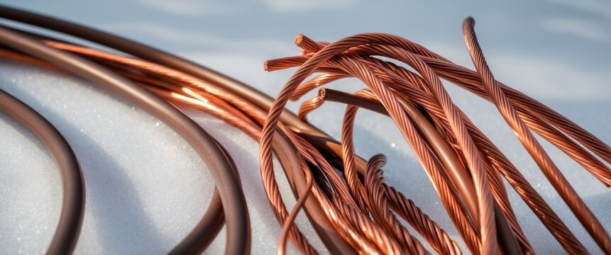 Close up of twisted copper wires and cables for electrical use, showcasing metallic sheen and flexibility in construction and repair applications
