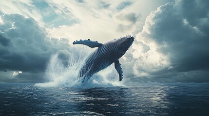 Fototapeta premium A humpback whale leaps from the ocean, creating a spray of water against a dramatic cloudy sky.