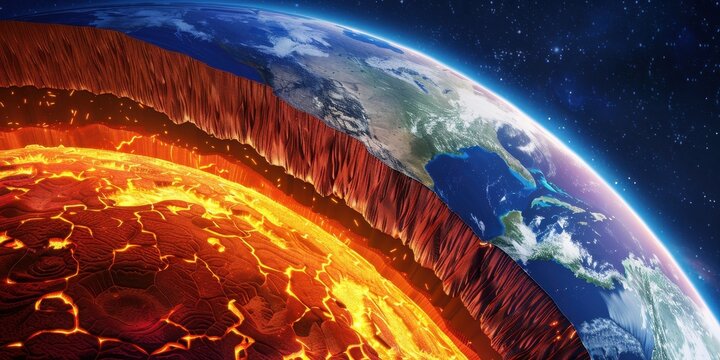 Cutaway view of Earth's interior showing heat flow from the core to the surface in vibrant detail