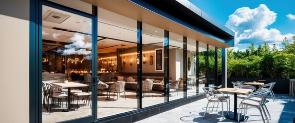 Fototapeta premium Modern restaurant terrace featuring stylish outdoor seating, inviting atmosphere perfect for social gatherings and relaxing meals with friends