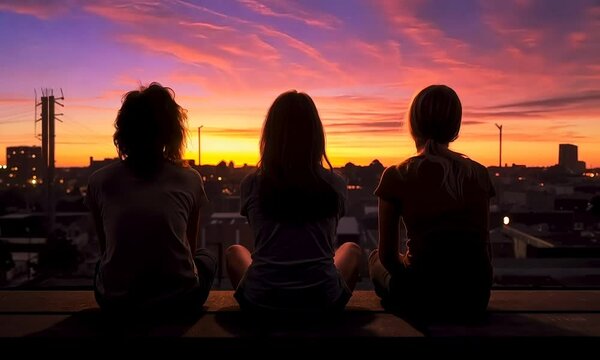young friends sitting together on rooftop at sunset on background