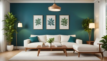 Photo modern style interior room 3d illustration Interior,Kitchen,Washrooms frame living room with colorful white sofa,led with blank frame