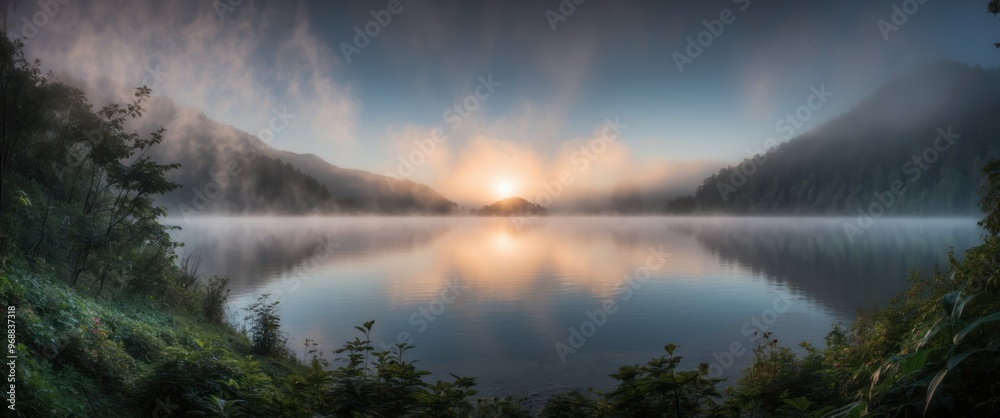 Canvas Prints Stunning foggy sunrise over tranquil lake, surrounded by mountains, creating peaceful and serene atmosphere perfect for nature lovers and explorers