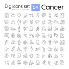 Cancer linear icons set. Oncology. Disease symptoms and treatment. Medical procedure. Health screening. Customizable thin line symbols. Isolated vector outline illustrations. Editable stroke
