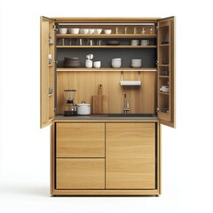 Modern wooden kitchen cabinet with open shelves and a countertop for food preparation.