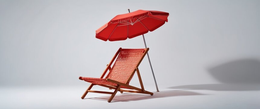 Vibrant red beach chair with umbrella symbolizes summer leisure, ideal for vacation or outdoor relaxation by the coast