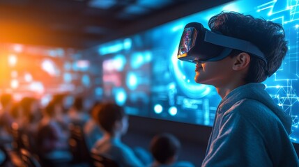 AI-powered smart classrooms with personalized education: Students learning in virtual environments created by AI.