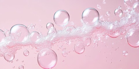 Clear cosmetic foam featuring sparkling bubbles on a soft pink background during a beauty product shoot