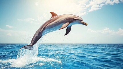 A dolphin leaps out of the water, its body arched in mid-air, against a backdrop of a bright blue sky and sparkling water.