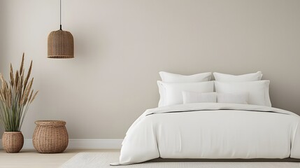 A Serene Minimalist Bedroom, Blending Natural Elements and Comfort for a Restful Retreat Experience. Quiet Luxury