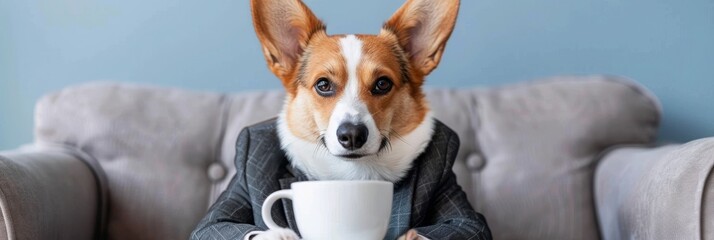 Happy Coffee Break Cute Corgi Dog in Smart Casual Wear Relaxes on Comfortable Grey Couch