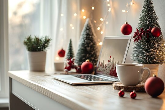 A stylish, minimalist workspace with a sleek laptop, a hot cup of cocoa, and festive Christmas .