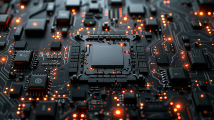 Fototapeta premium Close-up view of a circuit board with glowing components and intricate wiring in a dimly lit environment
