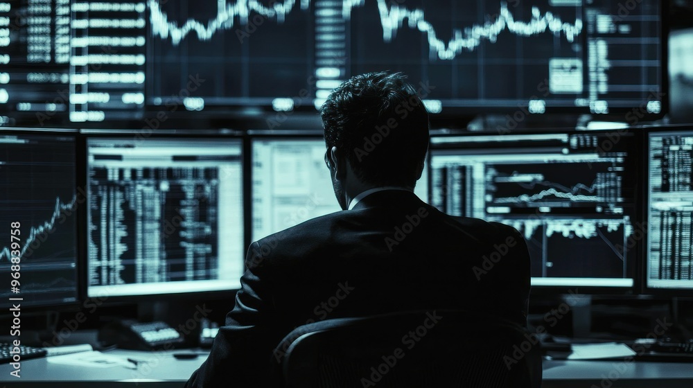 Poster Man in a Suit Sitting in Front of a Wall of Computer Screens Displaying Data