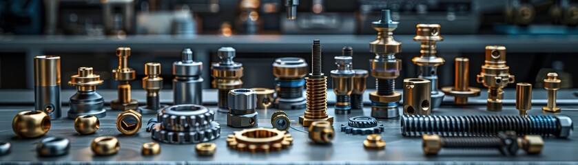 A collection of intricate mechanical parts and tools arranged neatly on a workbench, showcasing fine craftsmanship and detail.