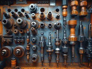 A collection of metal tools showcased on a wall, highlighting various shapes and sizes for industrial and mechanical applications.