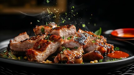 Flavorful Pork Neck Explosion Tender Grilled Meat Bursting with Dipping Sauce and Herbs