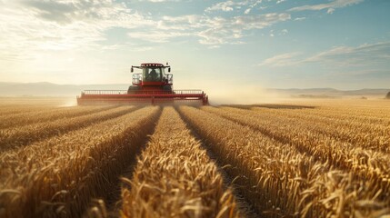 Fototapeta premium AI-Powered Smart Farming Equipment: Autonomous machines harvesting crops in a vast field, using AI for precision agriculture.