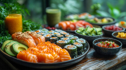 Vibrant assortment of sushi and sashimi displayed on a wooden table, waiting to be savored