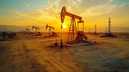 Large oilfield with oil pumps extracting crude oil from the ground