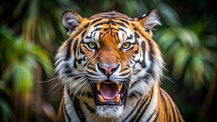 Fototapeta premium Aggressive tiger roaring with mouth wide open showing sharp teeth