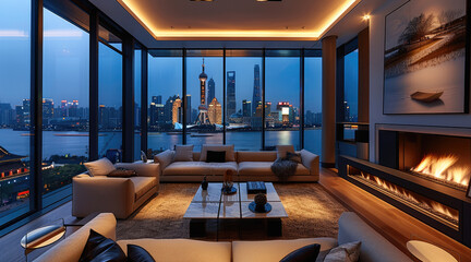 Modern penthouse living room with skyline view of Shanghai, nighttime, cozy sofa and armchairs around the fireplace, open kitchen in the corner with a large window overlooking the river.