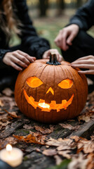 A pumpkin with a smiley face carved into it sits on a wooden platform. The pumpkin is surrounded by leaves and a candle. Scene is festive and playful