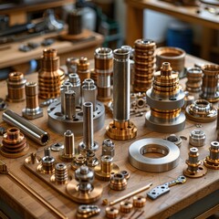 An array of precision metallic components showcasing intricate designs and craftsmanship, ideal for engineering and manufacturing projects.