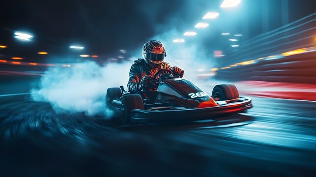 A go-kart drifting around a tight corner with a driver in bold, racing gear, tire smoke swirling around, bright track lights and dynamic motion blur creating an action-packed, high-adrenaline mood