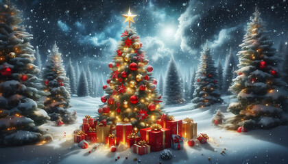 Obraz premium A beautifully decorated christmas tree adorned with red and gold ornaments and topped with a bright star stands in a snowy landscape