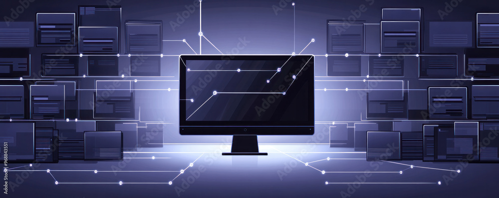 Poster a computer monitor is surrounded by many computer monitors