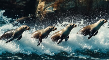 Obraz premium Four sea lions jump out of the water, creating a spray of water.
