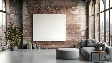 Industrial interior with white wall, brick walls, concrete floors, and large windows overlooking the cityscape