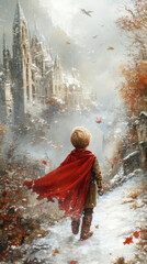 Fototapeta premium A young boy wearing a red cape walks through a snowy landscape. The scene is set in a castle, with a castle tower in the background. The boy is the main focus of the image