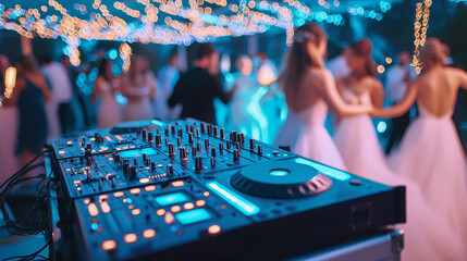 Guests dance during a wedding reception at a DJ console amidst vivid colors and a lively ambiance.