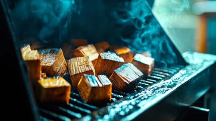 Smoke erupts from a smoker box as wood chips smolder in preparation for a backyard barbecue.