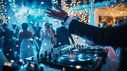 Under twinkling lights at an outdoor party, the DJ engages the crowd as guests dance and enjoy the party atmosphere.