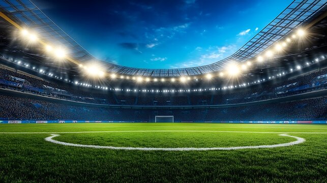 Brightly lit football stadium with packed stands, green field, and deep blue sky at night, sports venue