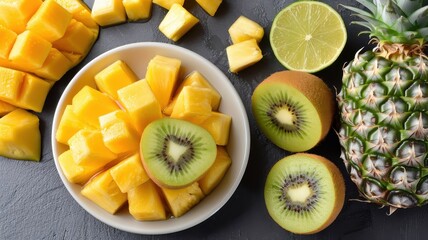 A colorful fruit salad with pineapple, mango, kiwi, honey, and lime juice.
