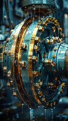 Close-up of a mechanical component featuring intricate details and water droplets, showcasing engineering and precision.