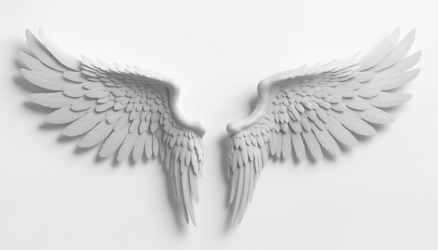 Paire ailes ange plumes blanches r&eacute;alistes l&eacute;gende cr&eacute;ature fond blanc 3D render.