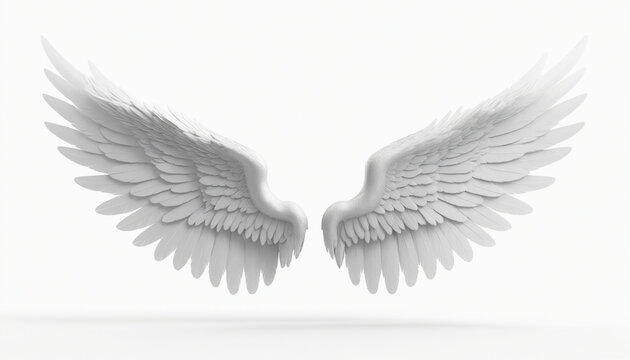 Paire ailes ange plumes blanches r&eacute;alistes l&eacute;gende cr&eacute;ature fond blanc 3D render.